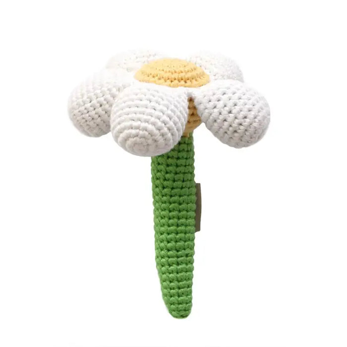 Cheengoo White Daisy Flower Stick Hand Crocheted Rattle