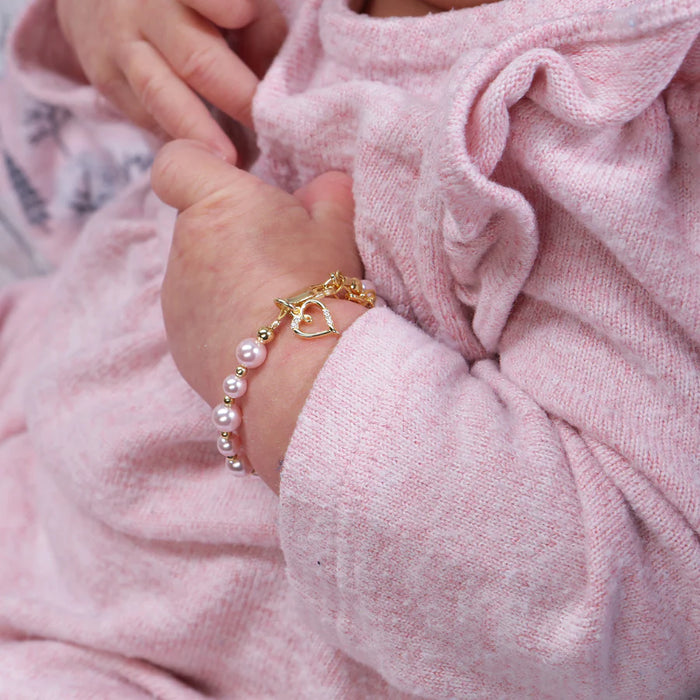 Cherished Moments, Larkin - 14K Gold Plated Pink Pearl Child's Heart Bracelet